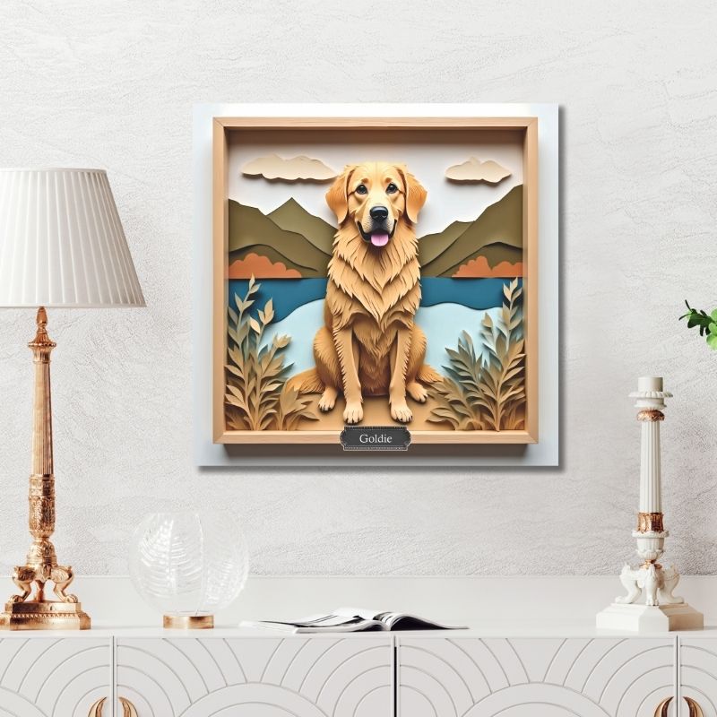 Golden Retriever Lake Wall Art with Custom Dog Name - Mountain Scene Personalized Pet Portrait