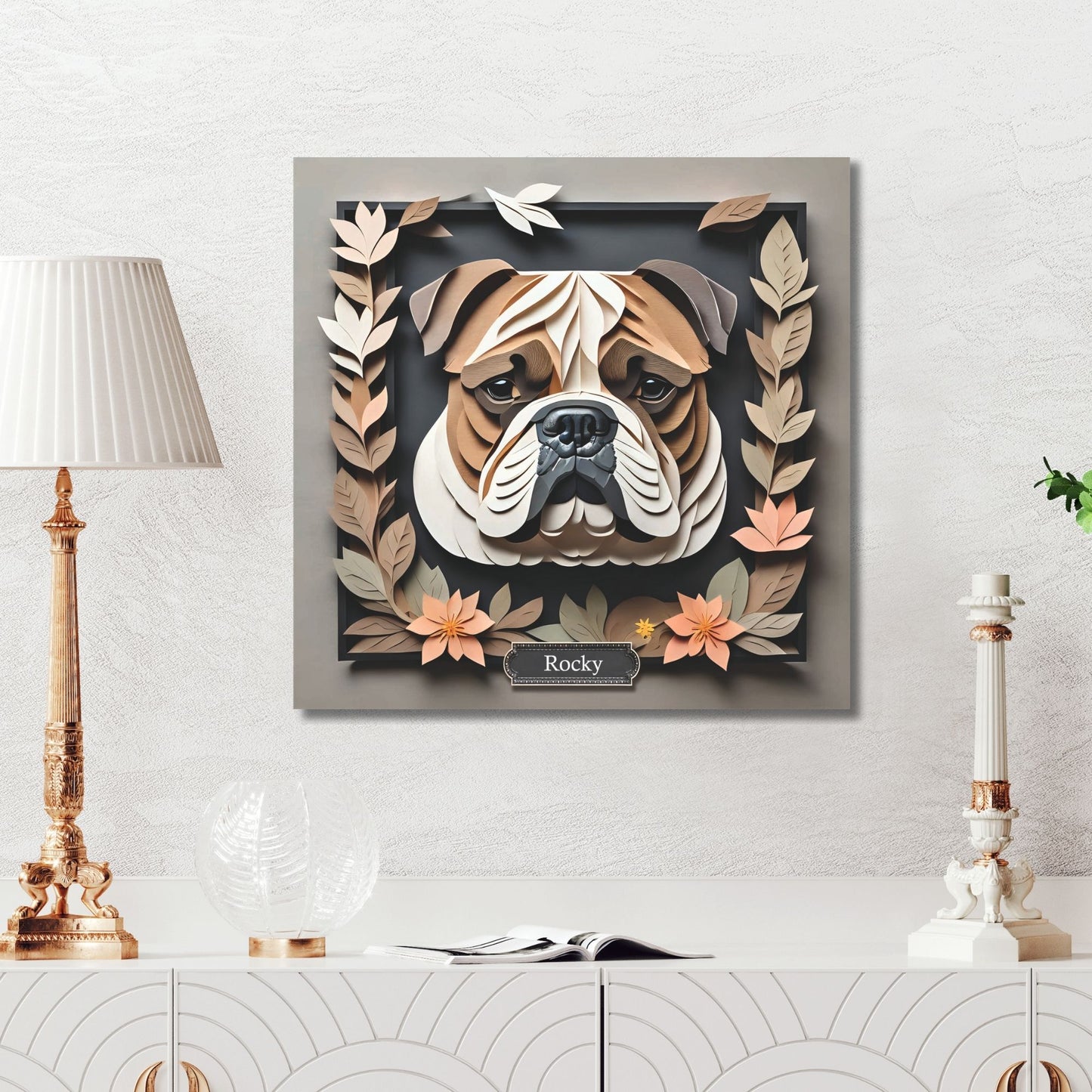3D Illusion English Bulldog Art - Beige & Black Framed Canvas with Pastel Leaves