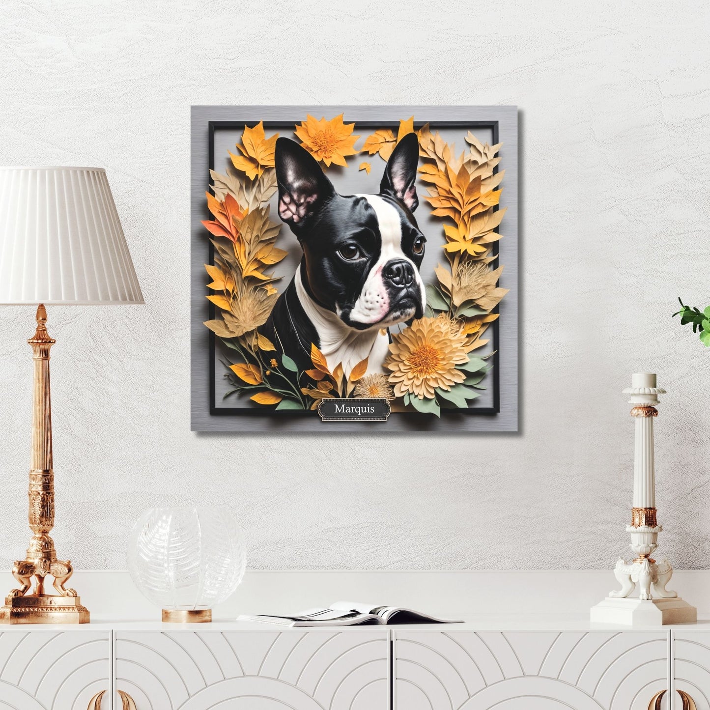 Boston Terrier Fall Art - Canvas Print 3D Illusion Art with Name Personalization