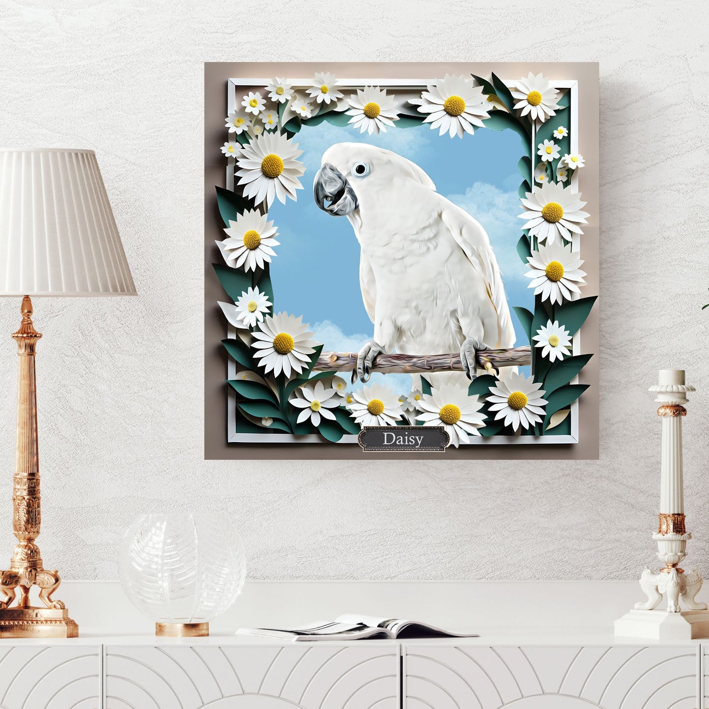 Custom Airbrushed Pet Portrait - White Daisy Frame