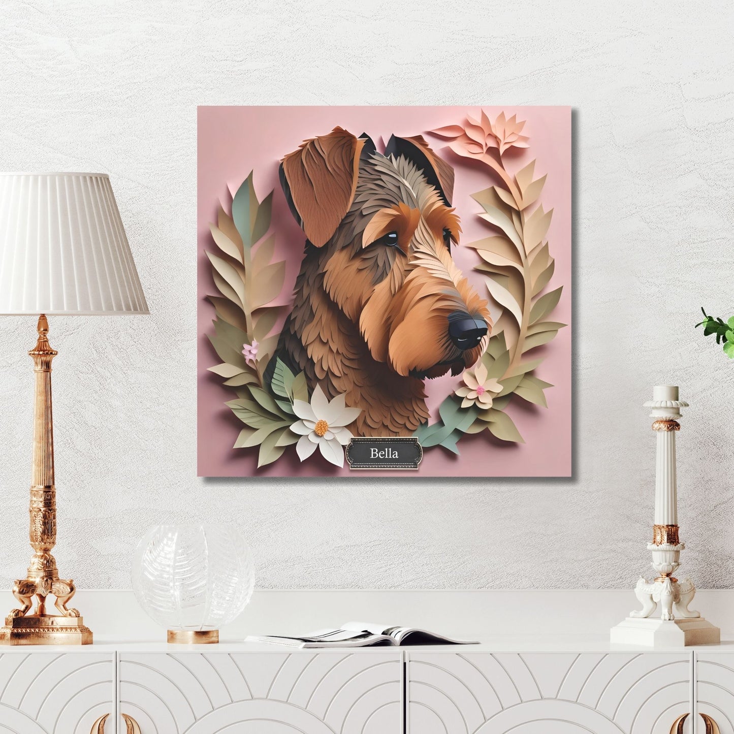 Airedale Terrier Floral 3D Illusion Portrait on Pink Background