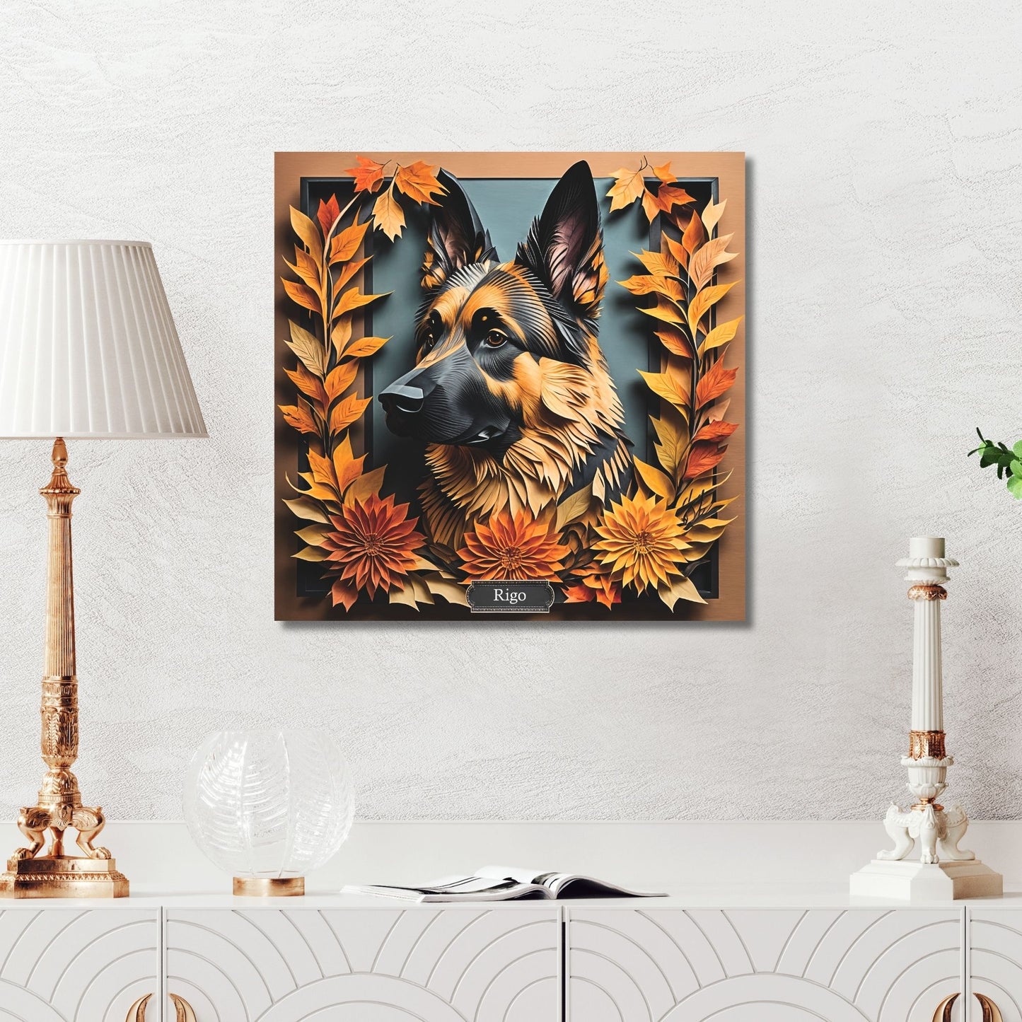 Cozy Autumn German Shepherd Portrait Wall Art - 3D Illusion Art with Name Personalization