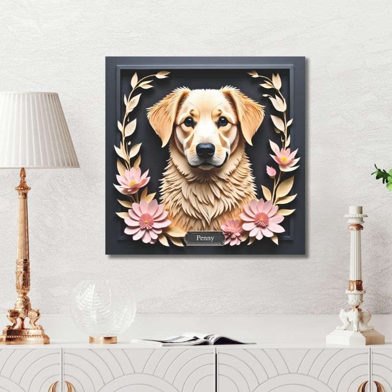 Yellow Labrador Memorial Portrait - Personalized Dog Name Canvas Print with Flowers - Custom Labrador Retriever Gift for Dog Mom or Breeder