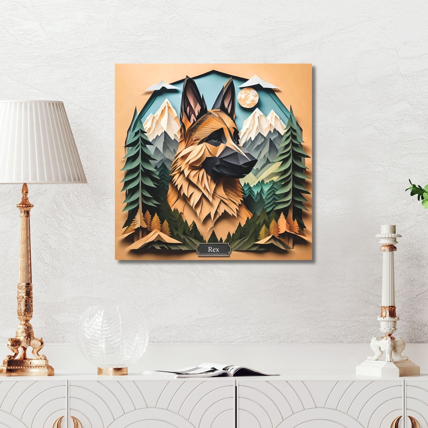 German Shepherd Mountain Portrait Print on Canvas - 3D Illusion Art with Name Personalization