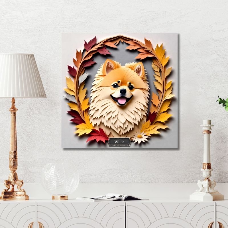 Fluffy Pomeranian with Autumn Leaves Canvas Wall Art - Personalized Faux Papercut Style Print