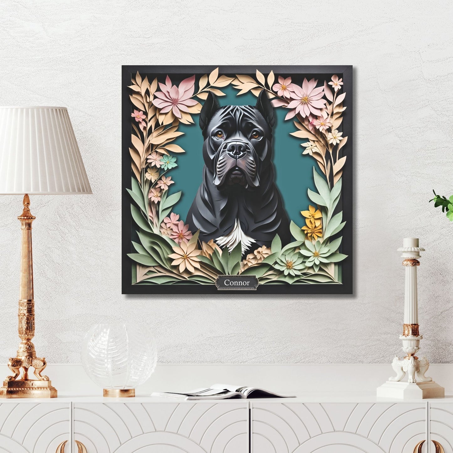 Black Cane Corso with Cropped Ears - 3D Illusion Art, Personalized Dog Memorial Gift