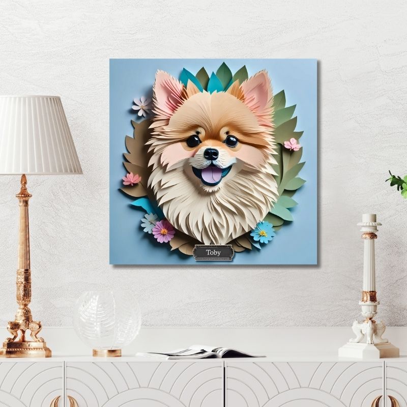 Pomeranian Wall Art Canvas - Faux Papercut Dog Portrait with Greenery and Flowers