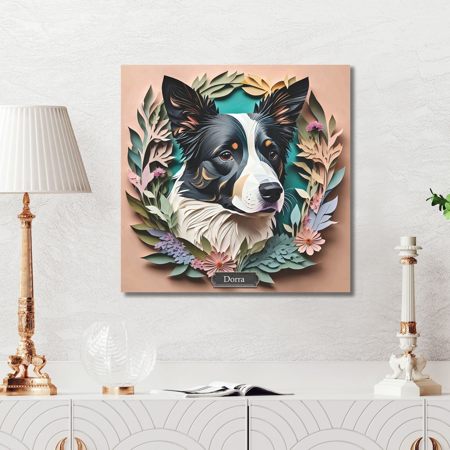 Border Collie in Floral Arrangement - 3D Illusion Art with Name Personalization