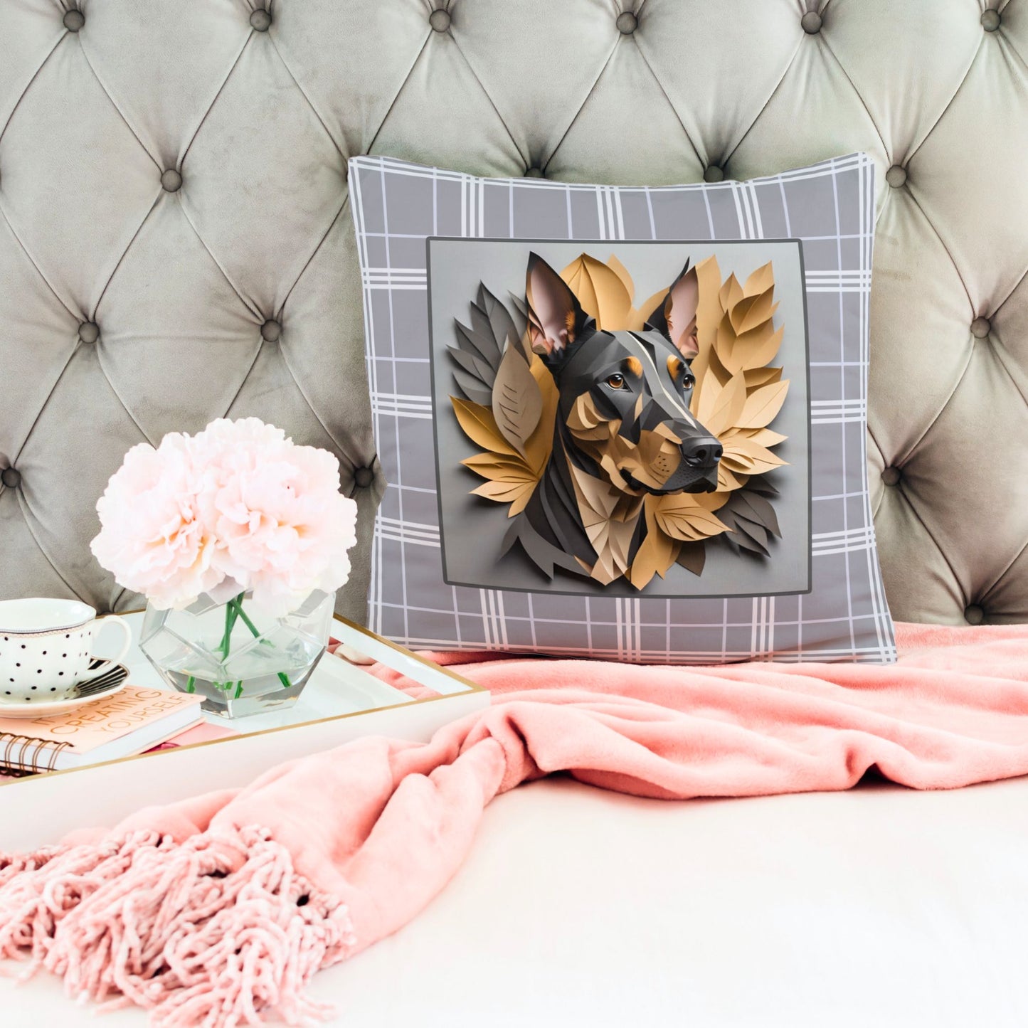 Doberman Gray Plaid Square Pillow - Doberman Owner Birthday Housewarming Gift