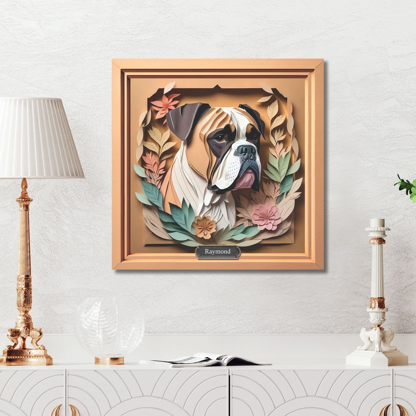 Boxer Portrait in Pastel Leaves - Vintage Papercut Imitation Design