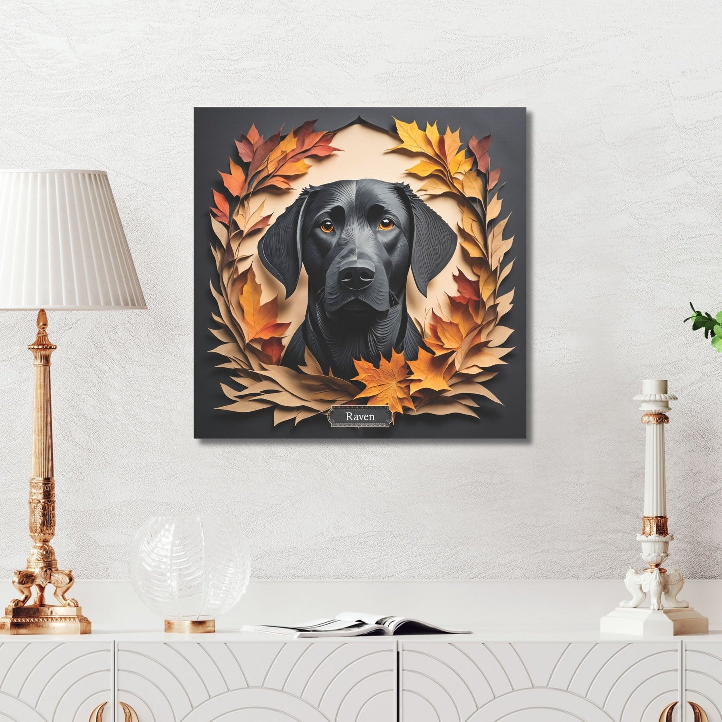 Black Lab Fall Art, Canvas Print 3D Illusion Art with Name Personalization, Labrador Memorial Gift, Best Gift for Lab Mom or Dad