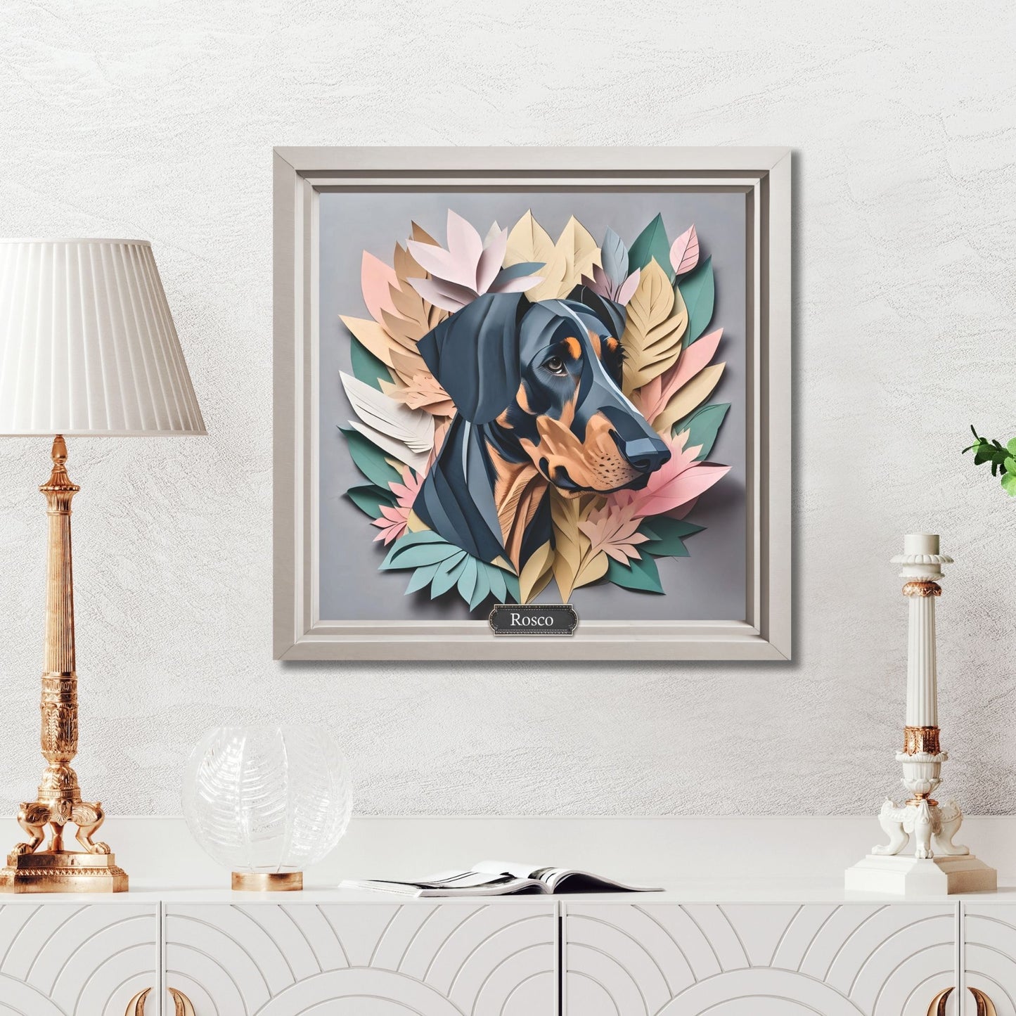 Doberman Portrait in Pastel Leaves - Doberman Lover Wall Art - Dobie Memorial Gift