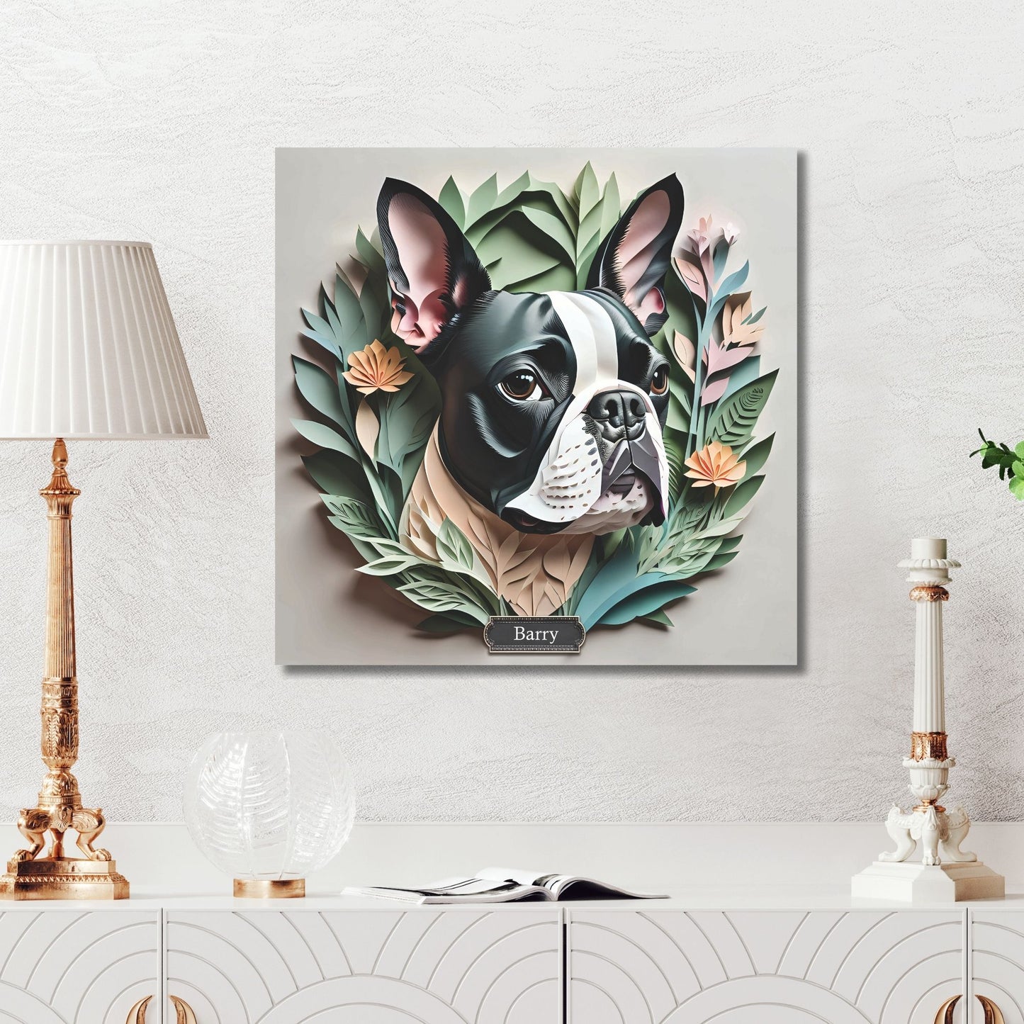 Boston Terrier Portrait with Personalized Name - Floral Canine Art Print on Canvas