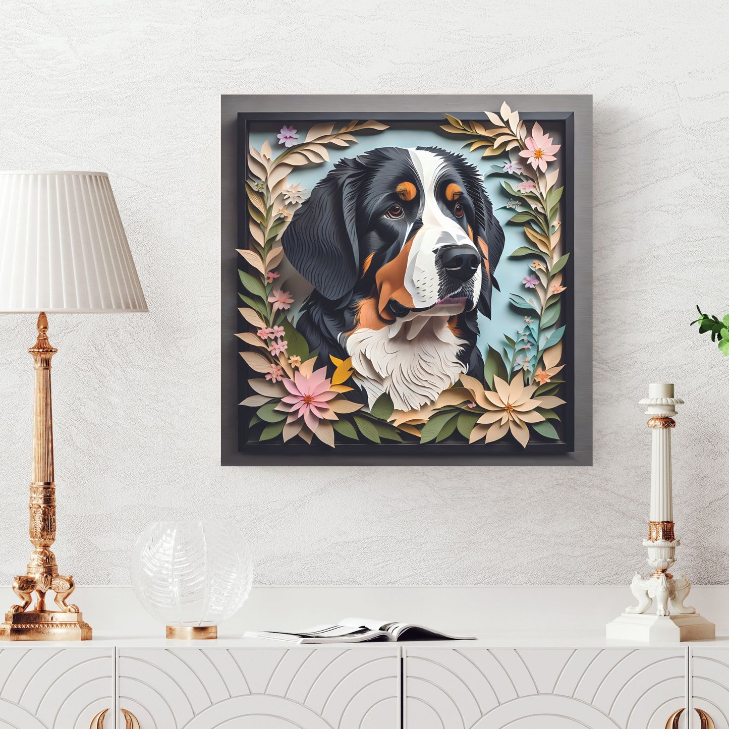 Serene Blossom Bernese Mountain Dog Canvas - Papercut Imitation Wall Art for Modern Home