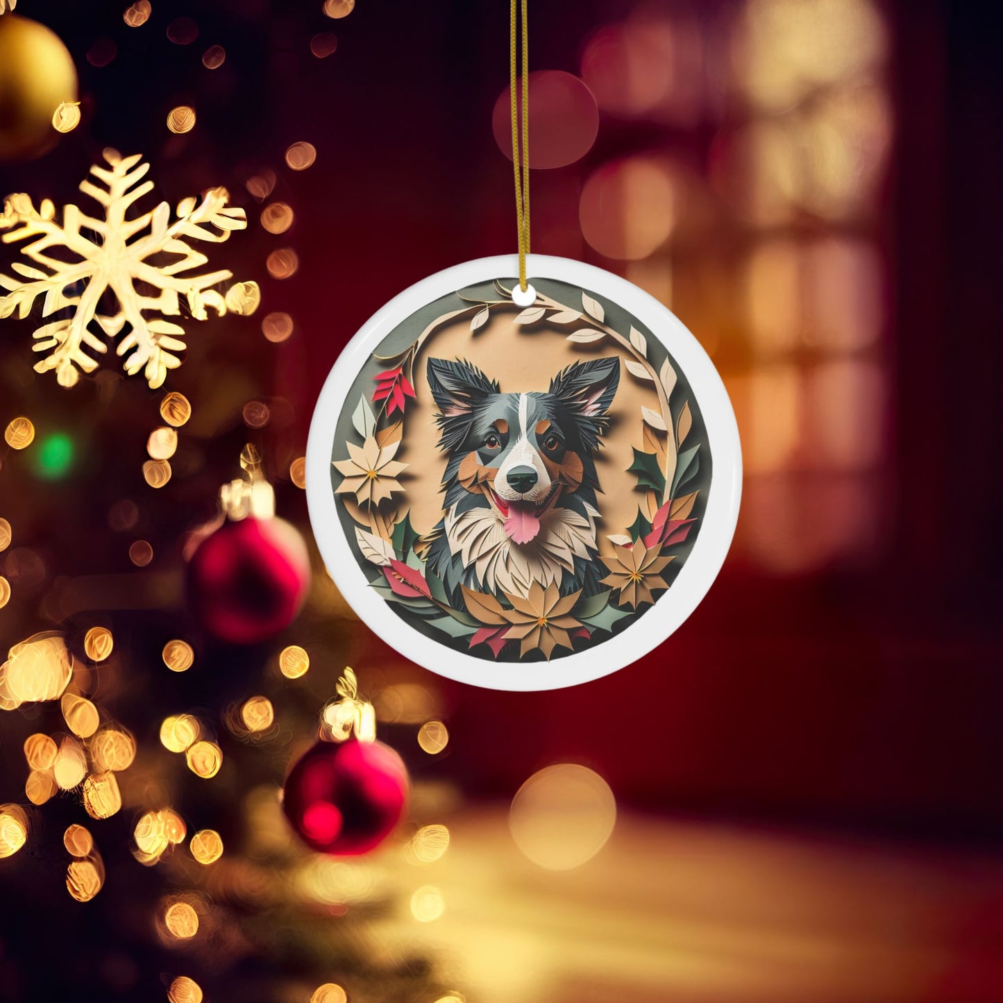 Border Collie Collectible Ceramic Christmas Ornament - Vintage Papercut Inspired Design