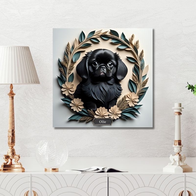 Black Pekingese in a Wreath Canvas Wrap - Pekingese Dog Memorial Gift or Decor