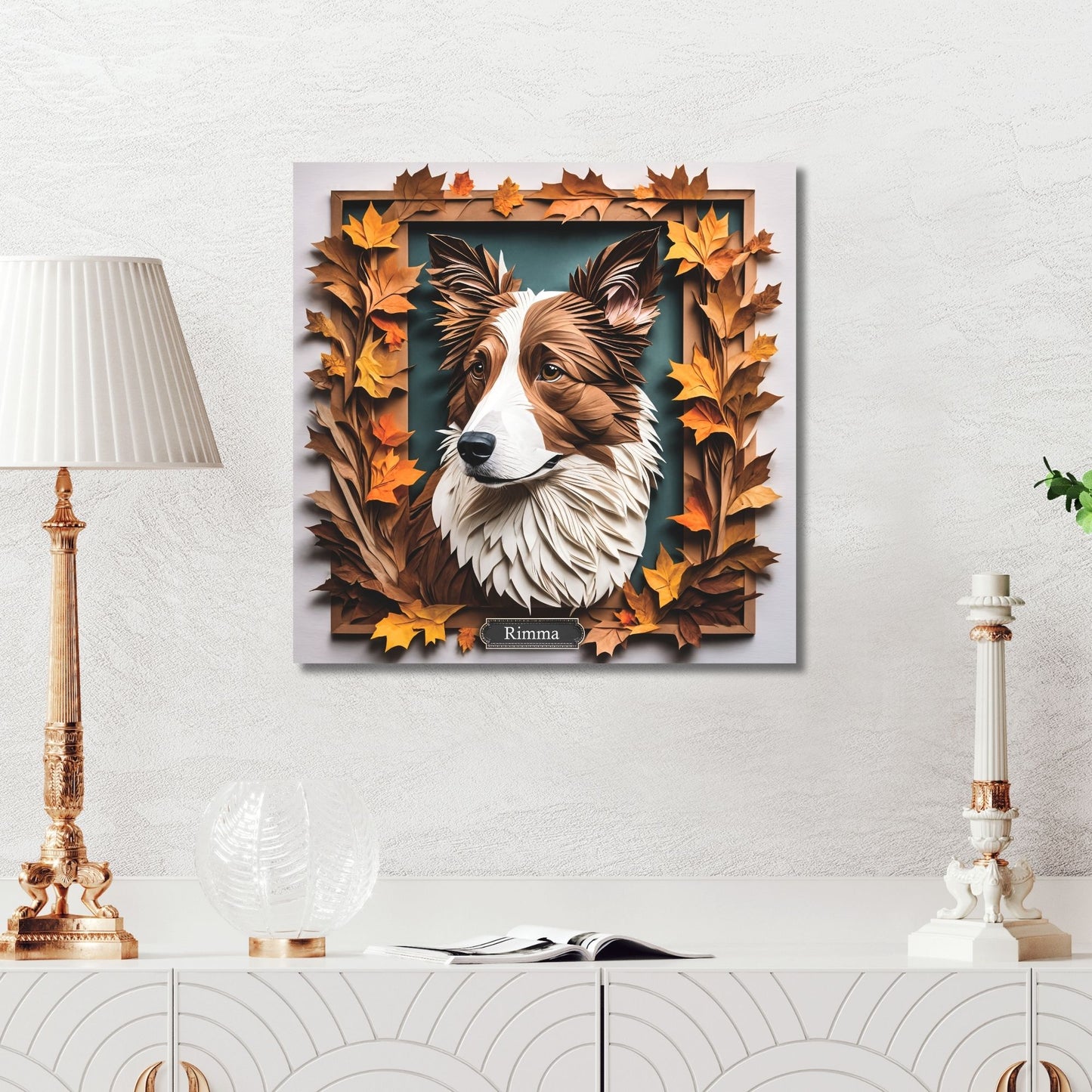 Brown and White Border Collie Fall Art, Canvas Portrait - 3D Illusion Art with Name Personalization