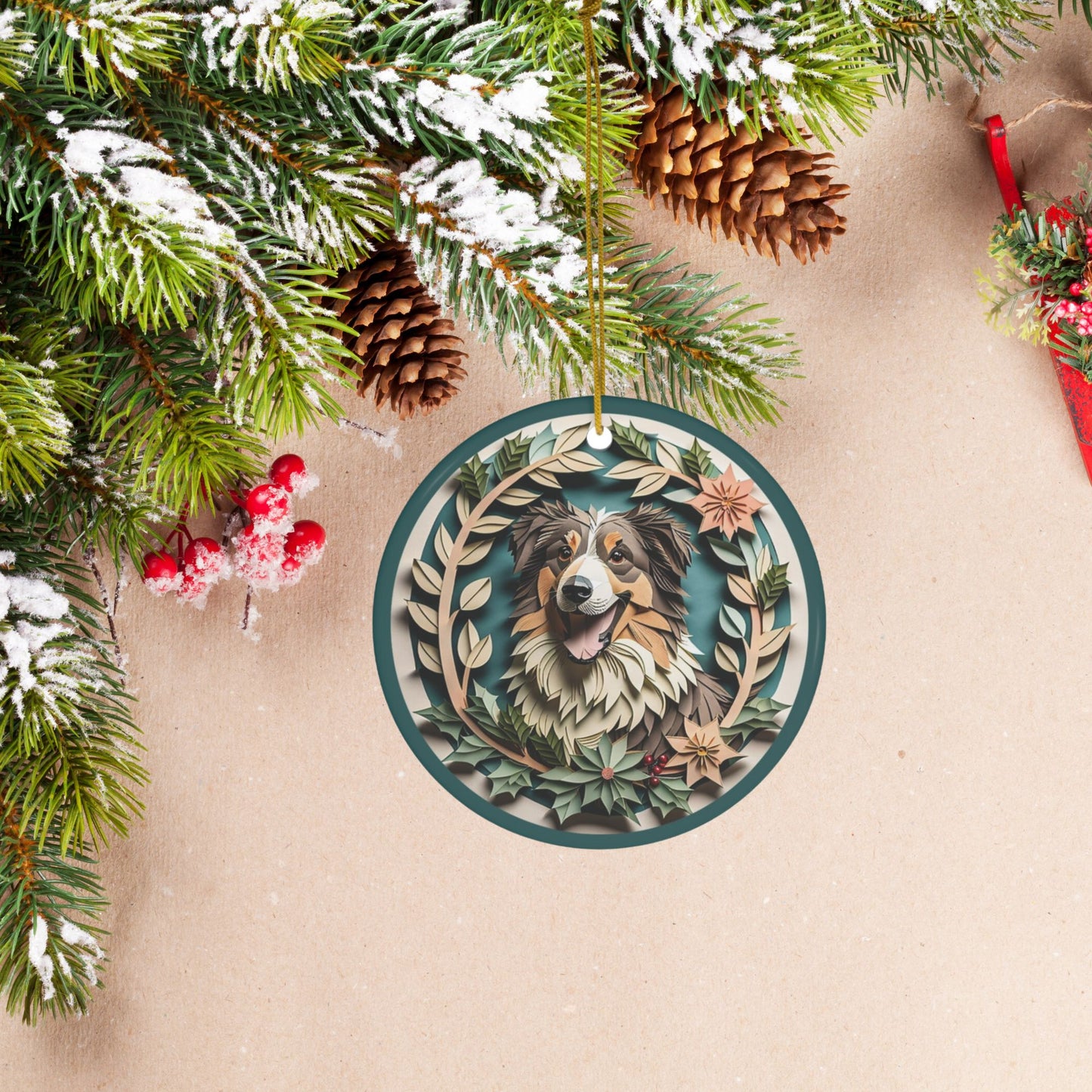 Australian Shepherd Collectible Dog Breed Ceramic Ornament - Vintage Papercut Inspired Design
