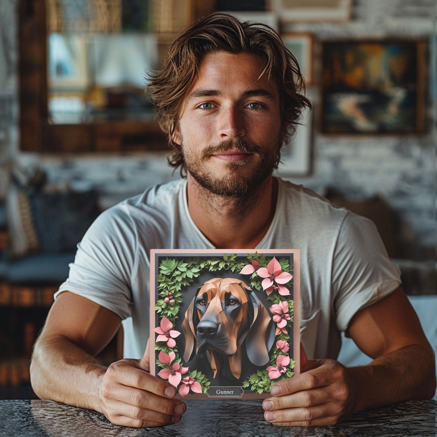 Bloodhound Floral Canvas Print - 3D Illusion Dog Portrait Gift for Pet Lover