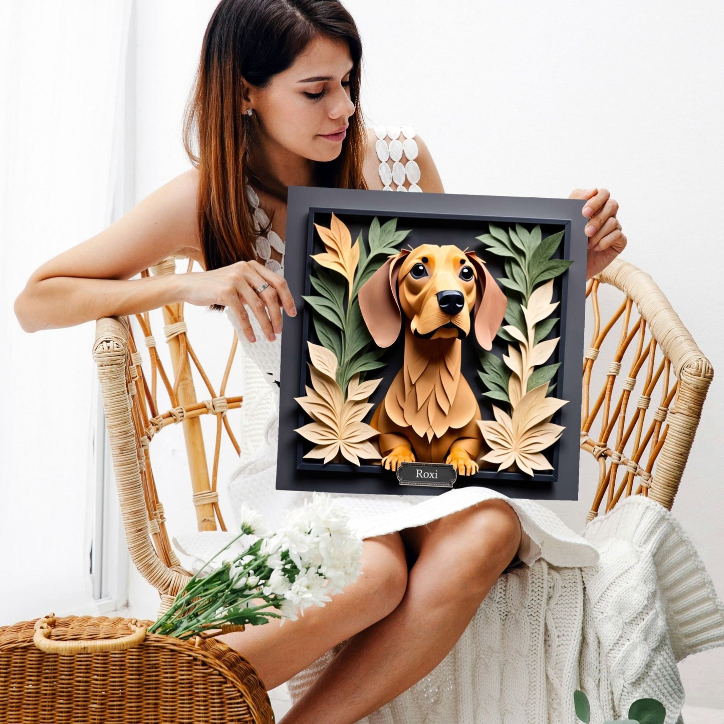 Brown Dachshund Floral Frame Wall Art - 3D Illusion Dog Portrait Canvas