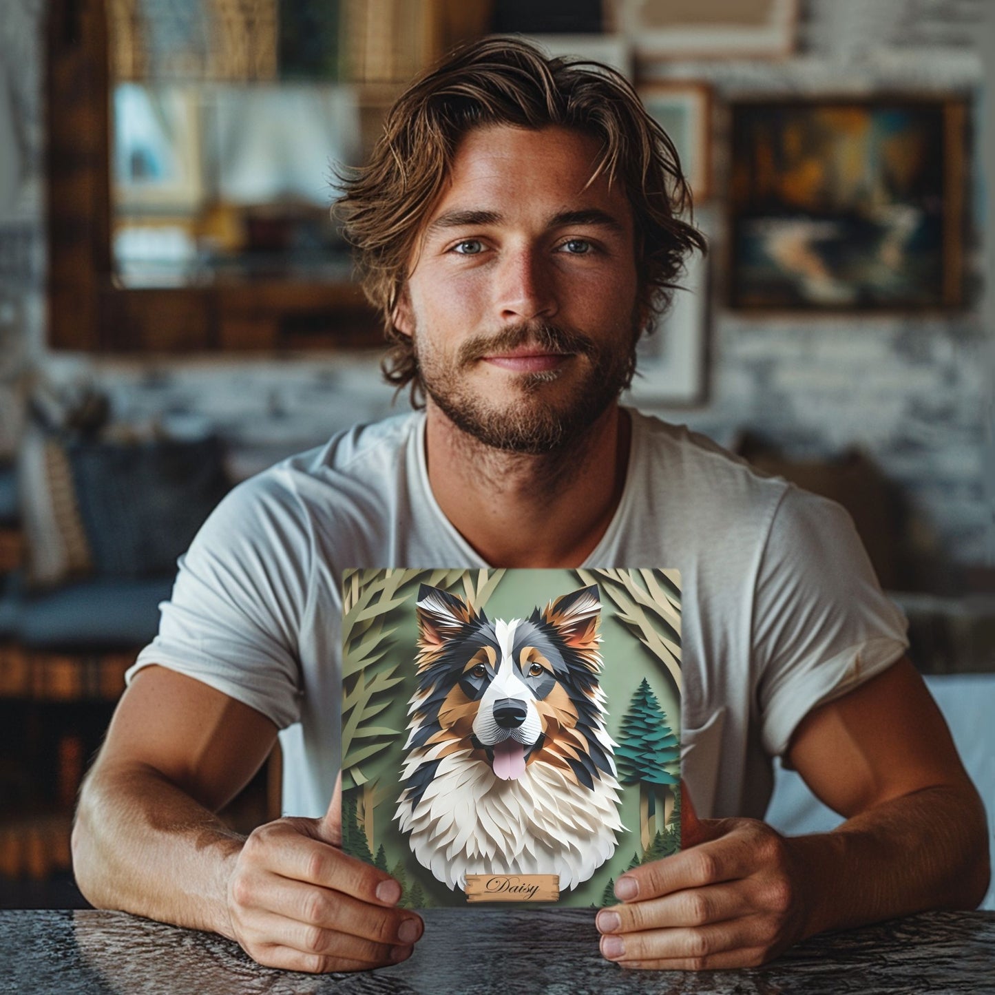 Australian Shepherd Forest-Themed Portrait, 3D Illusion Style, Aussie Owner Gift, Australian Shepherd Memorial, Aussie Lover Decor