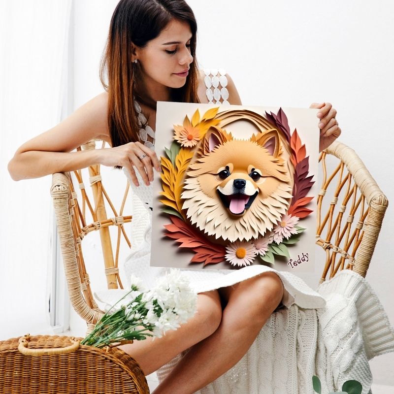 Fall Pomeranian Wall Art Canvas - 3D Illusion Dog Portrait with Flowers