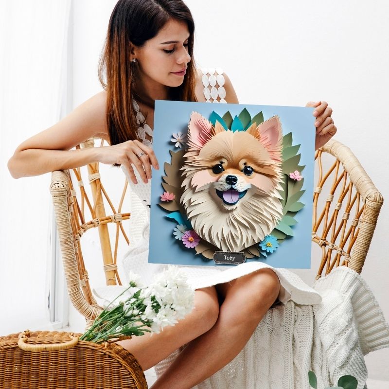 Pomeranian Wall Art Canvas - Faux Papercut Dog Portrait with Greenery and Flowers