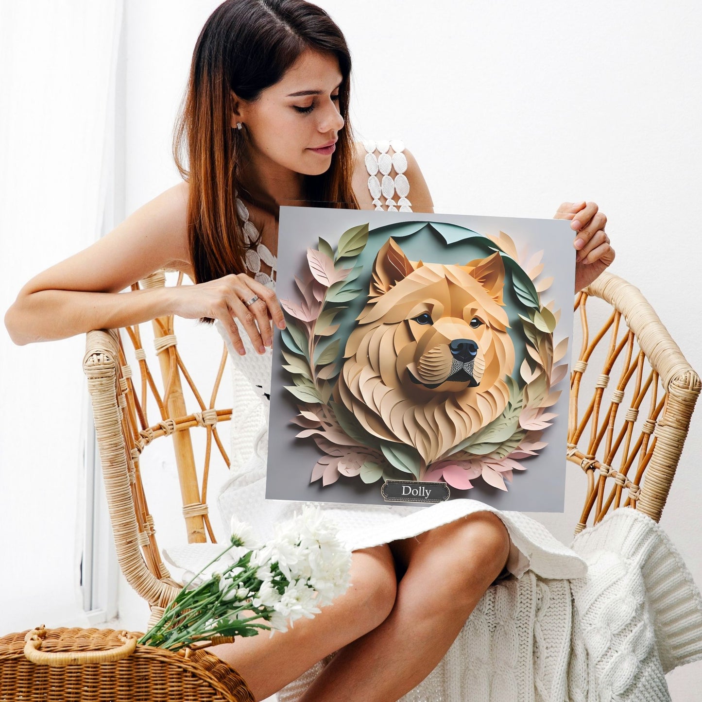 Chow Chow Portrait on Canvas in Pastel Floral Arrangement - Papercut Imitation Dog Lover Wall Art