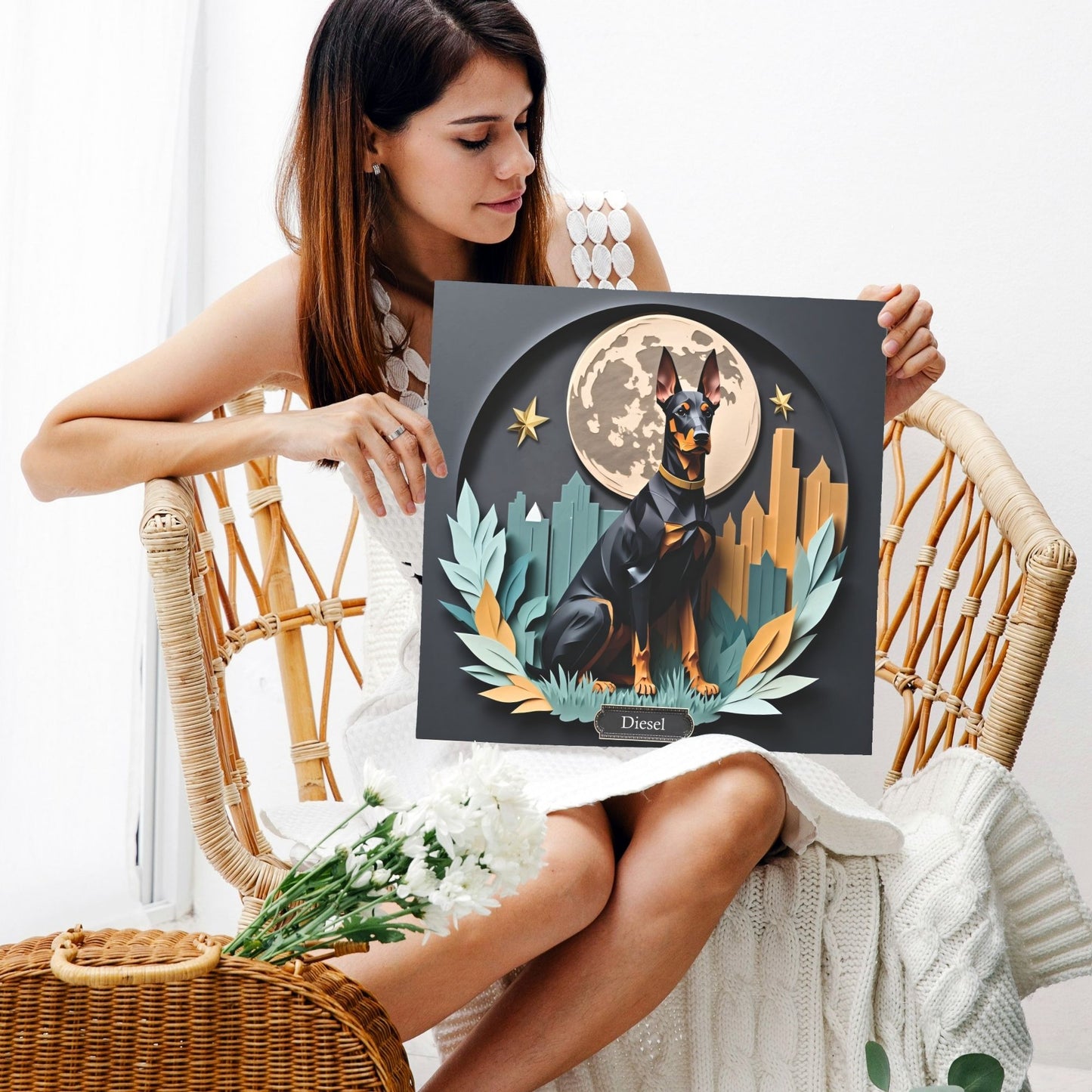 Doberman Wall Art with Moon and Stars - Unique Pet Memorial Home Decor - Dobie Mom or Dad Gift