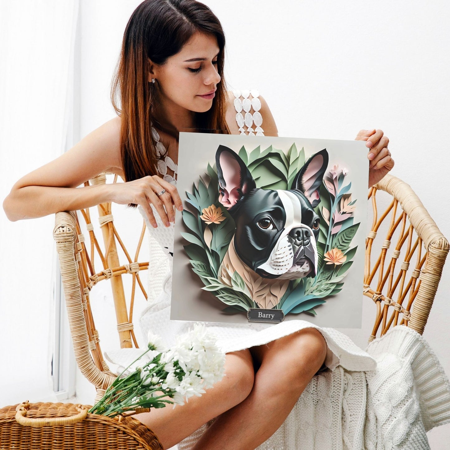 Boston Terrier Portrait with Personalized Name - Floral Canine Art Print on Canvas