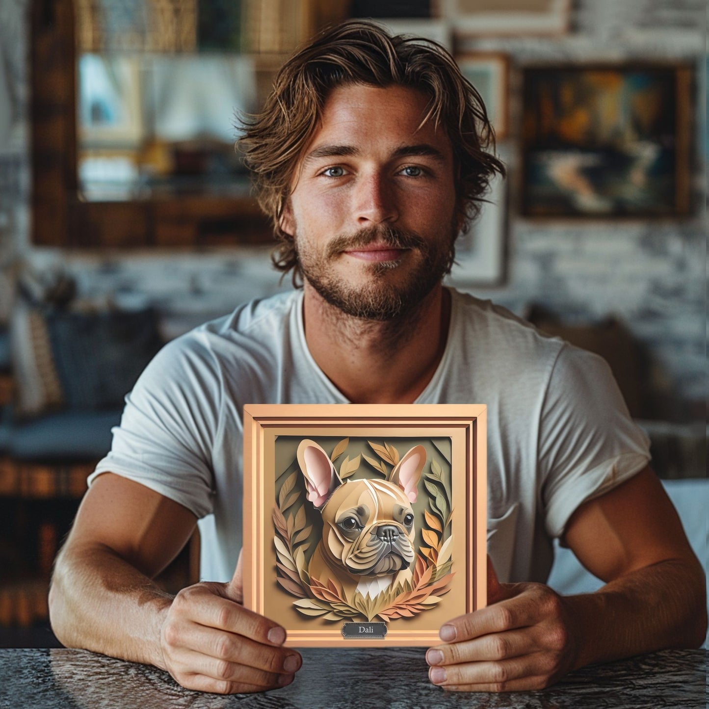 French Bulldog Portrait in Natural Colors - Faux Papercut 3D Illusion Dog Lover Wall Art