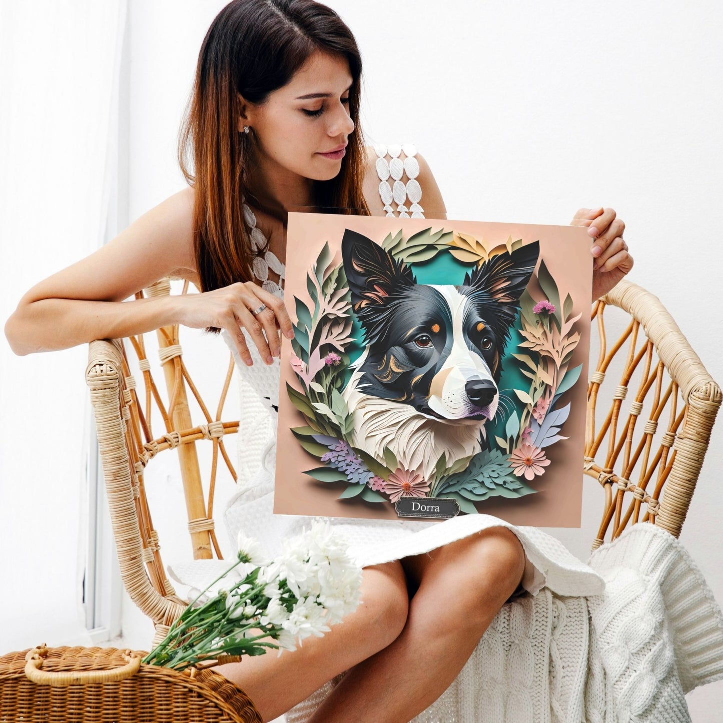 Border Collie in Floral Arrangement - 3D Illusion Art with Name Personalization