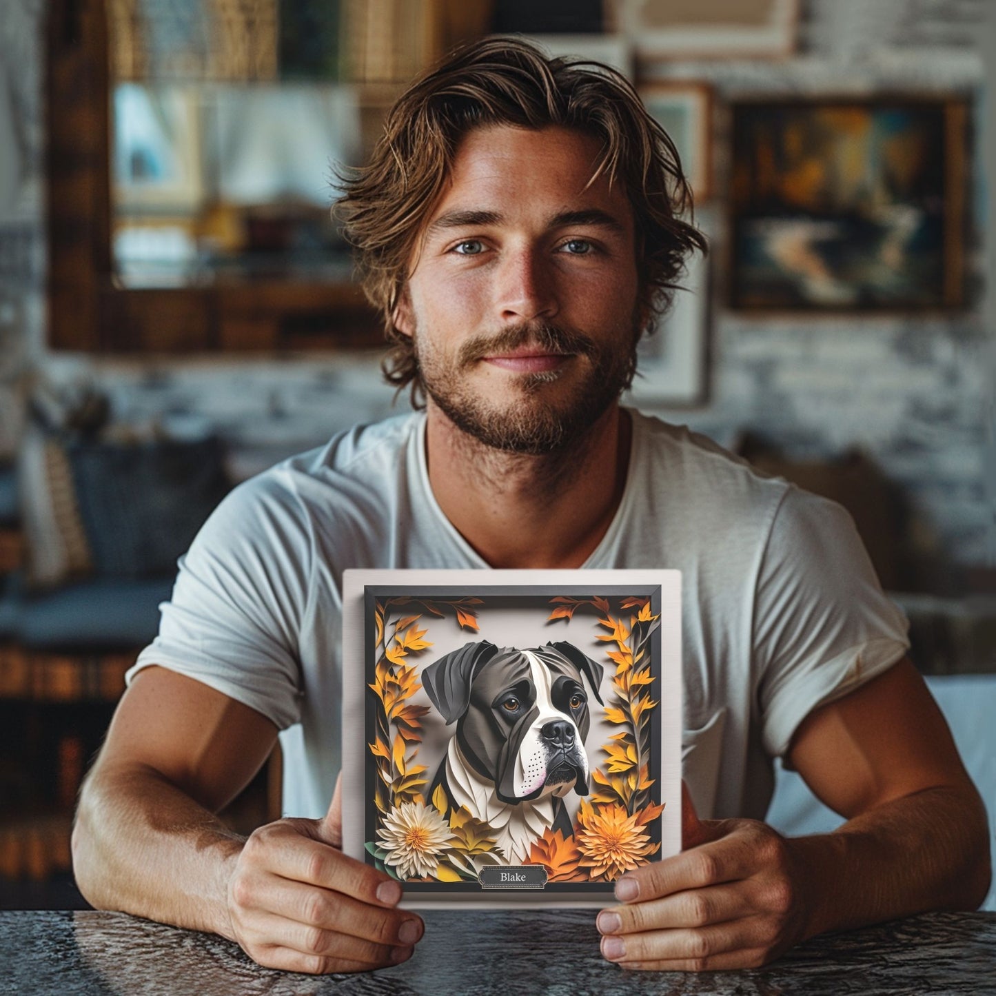 Black Boxer Dog Fall Art - Canvas Print 3D Illusion Art with Name Personalization
