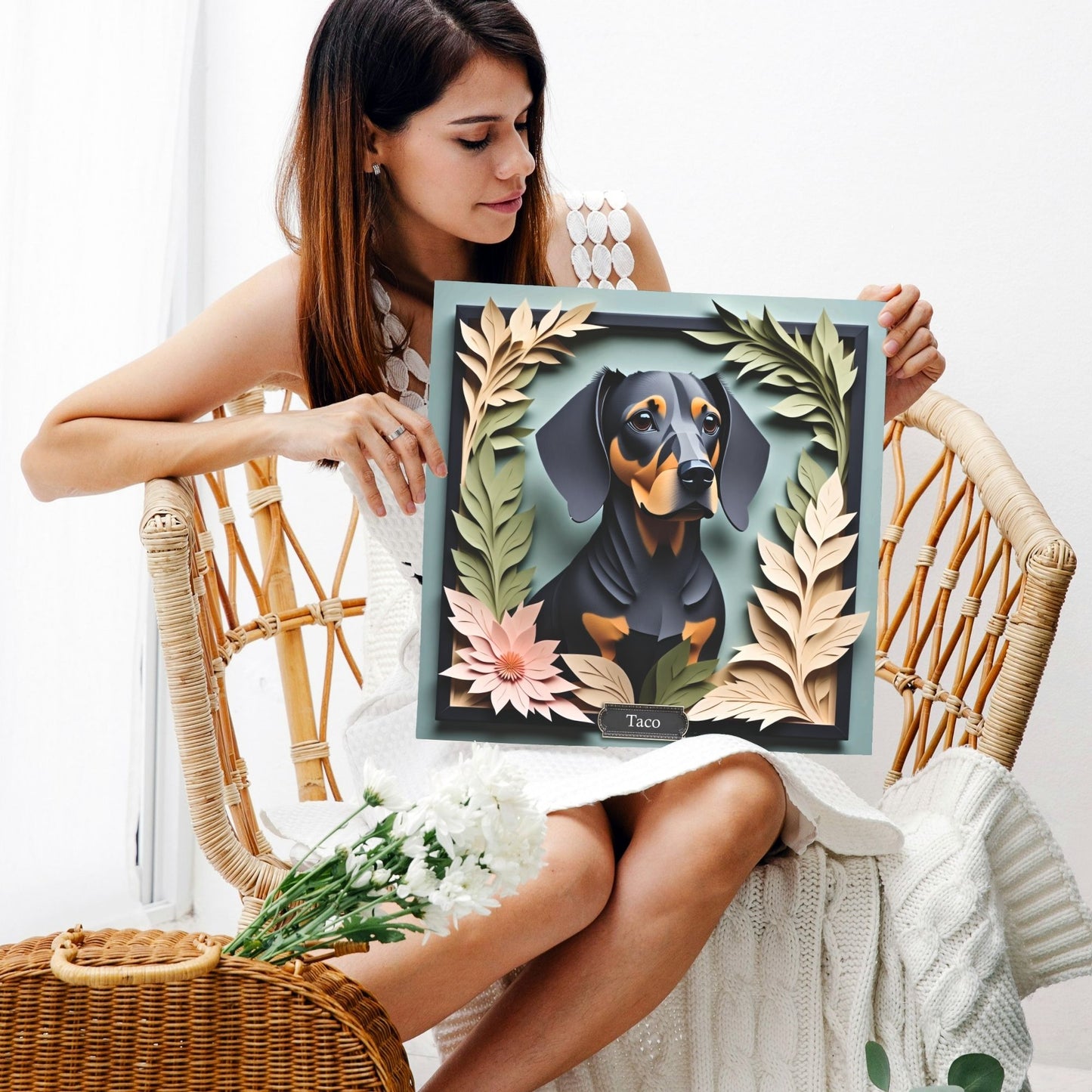 Black Dachshund Botanical Frame Wall Art - Custom Pet Name Artwork