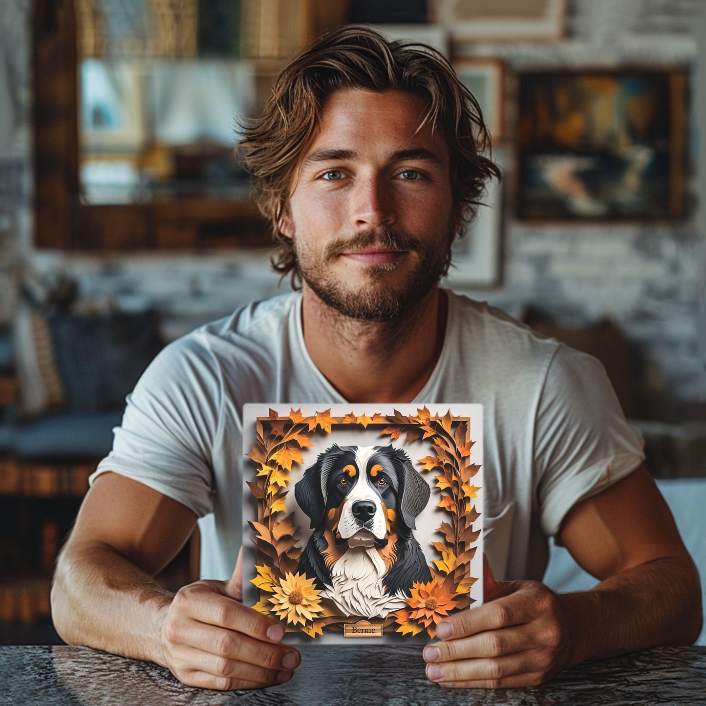 Bernese Mountain Dog Portrait in Fall Leaves, Bernese Mt. Dog Canvas Wrap, 3D Illusion Art with Name Personalization