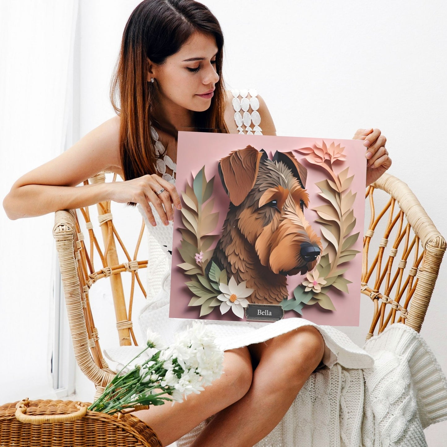 Airedale Terrier Floral 3D Illusion Portrait on Pink Background