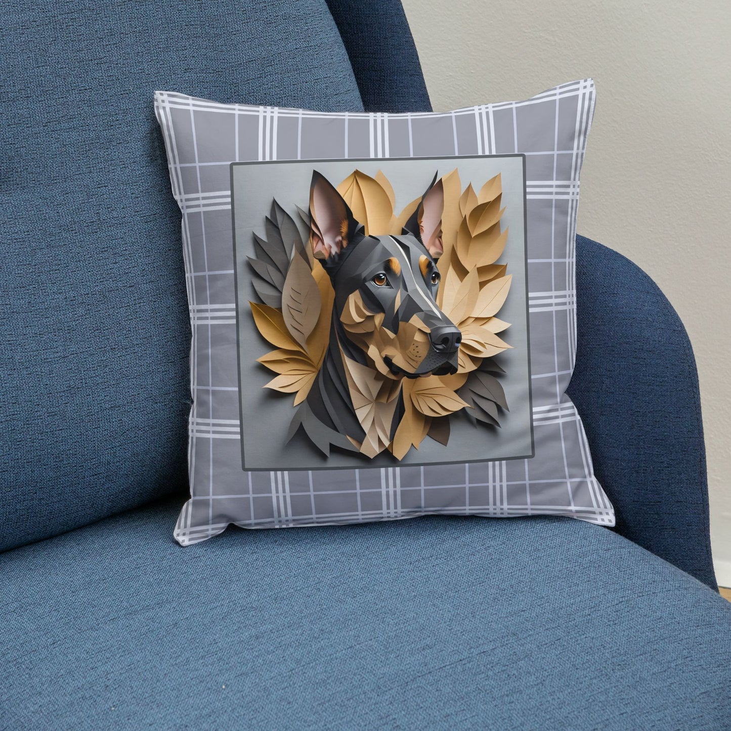 Doberman Gray Plaid Square Pillow - Doberman Owner Birthday Housewarming Gift