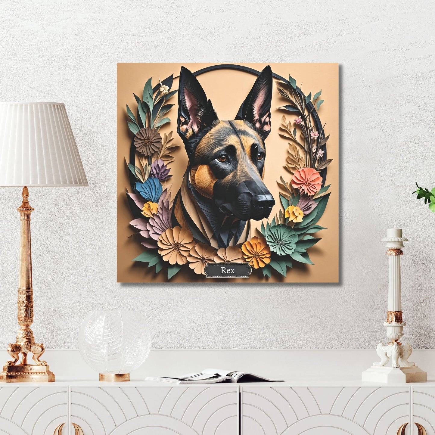 Belgian Malinois Canvas Art, Vintage Papercut Imitation Design