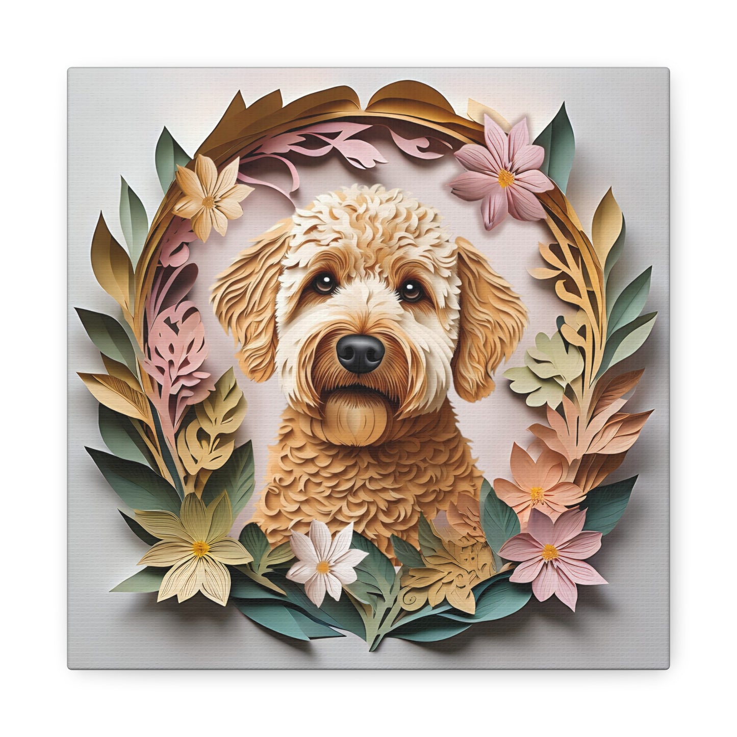 Labradoodle or Golden Doodle Portrait Floral Art - 3D Illusion Canvas Print With Name Personalization