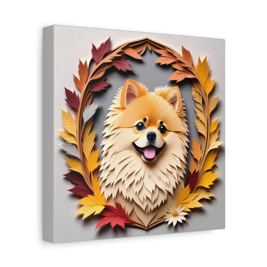 Fluffy Pomeranian with Autumn Leaves Canvas Wall Art - Personalized Faux Papercut Style Print