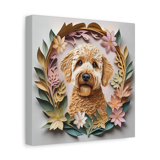 Labradoodle or Golden Doodle Portrait Floral Art - 3D Illusion Canvas Print With Name Personalization