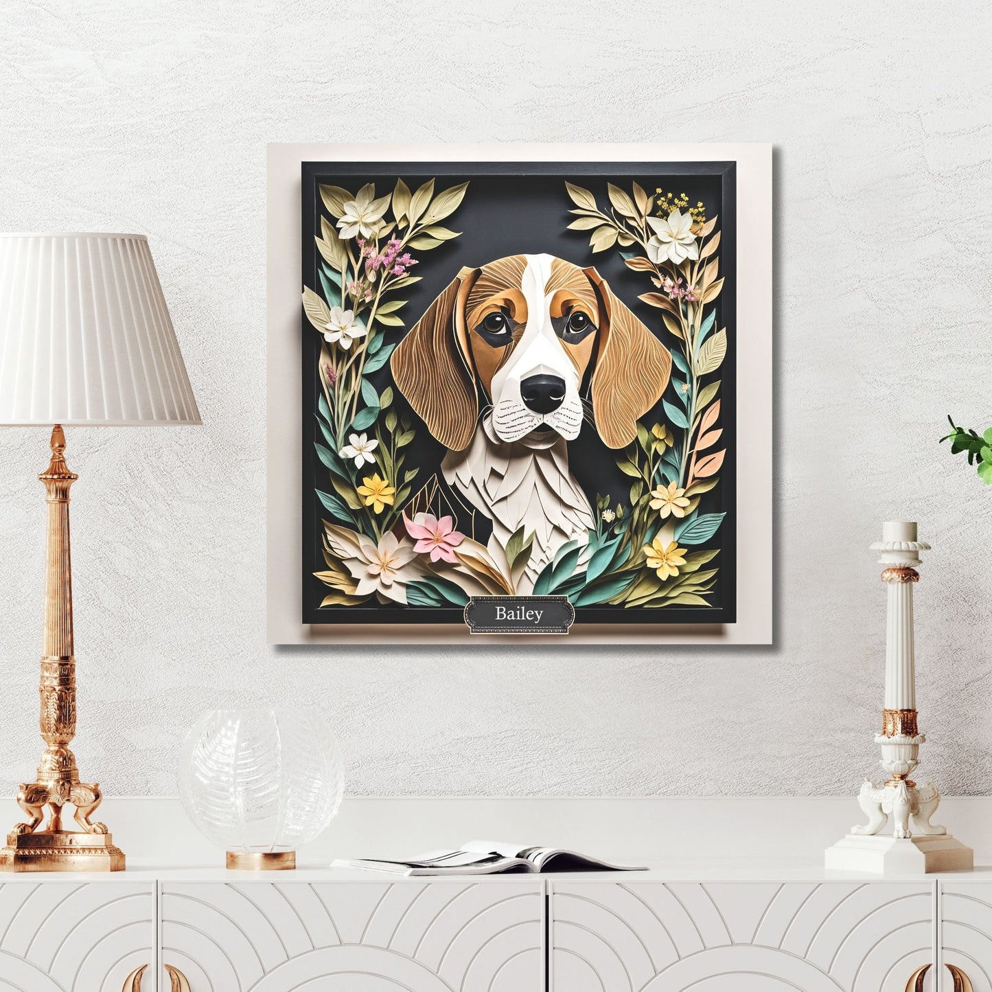 Brown Beagle Canvas Wrap, Beagle in Flower Arrangement Portrait Print, Name Personalization Dog Portrait, Beagle Lover Perfect Gift