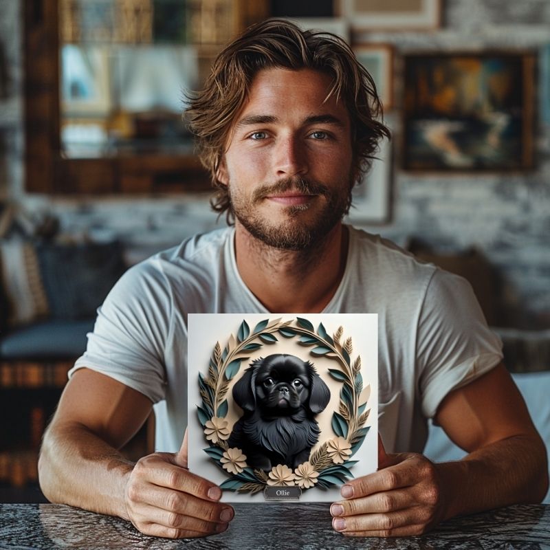Black Pekingese in a Wreath Canvas Wrap - Pekingese Dog Memorial Gift or Decor