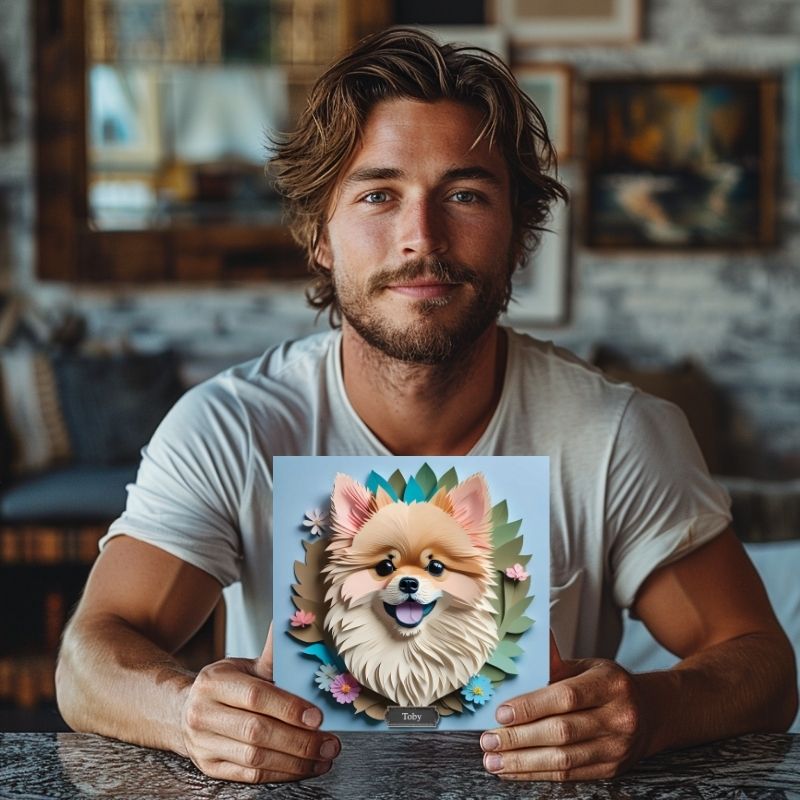 Pomeranian Wall Art Canvas - Faux Papercut Dog Portrait with Greenery and Flowers