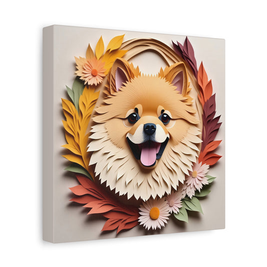 Fall Pomeranian Wall Art Canvas - 3D Illusion Dog Portrait with Flowers