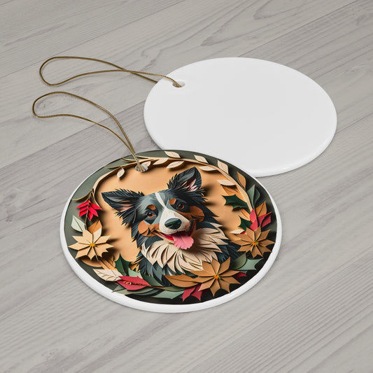 Border Collie Collectible Ceramic Christmas Ornament - Vintage Papercut Inspired Design