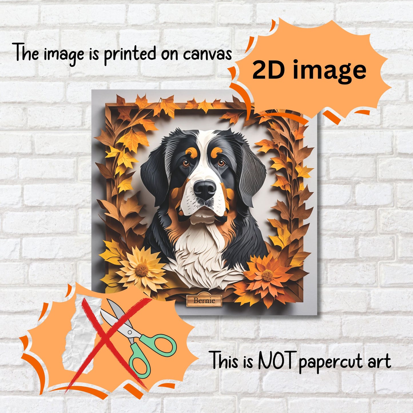 Bernese Mountain Dog Portrait in Fall Leaves, Bernese Mt. Dog Canvas Wrap, 3D Illusion Art with Name Personalization