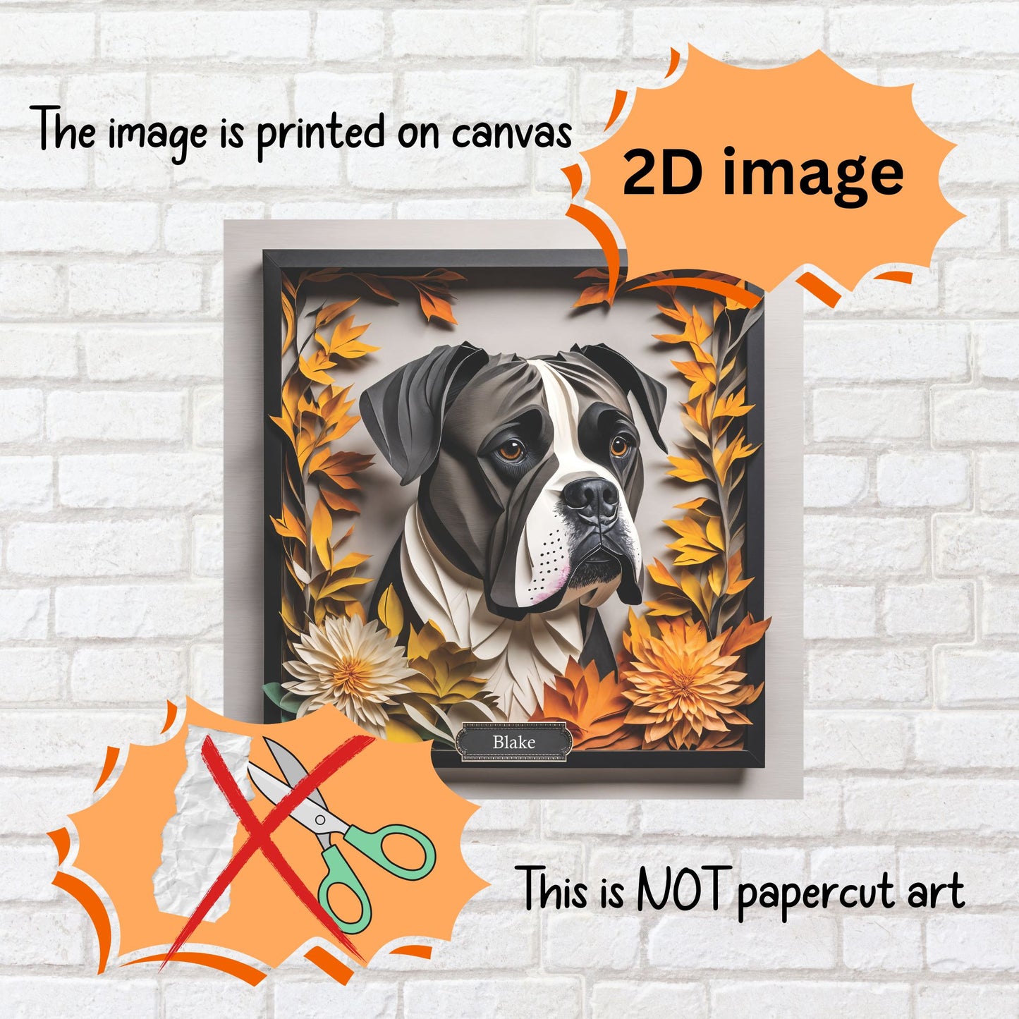 Black Boxer Dog Fall Art - Canvas Print 3D Illusion Art with Name Personalization