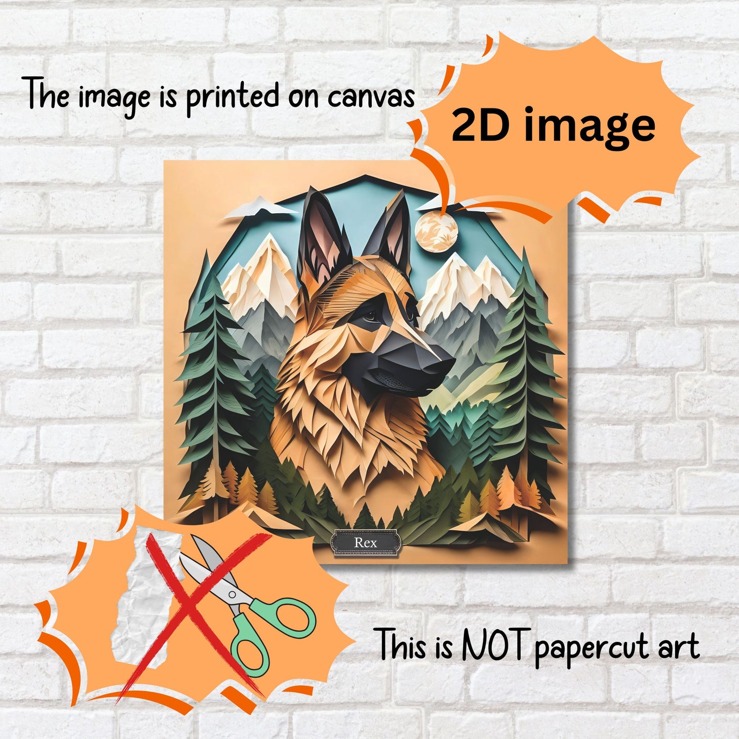German Shepherd Mountain Portrait Print on Canvas - 3D Illusion Art with Name Personalization