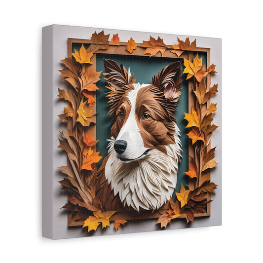 Brown and White Border Collie Fall Art, Canvas Portrait - 3D Illusion Art with Name Personalization